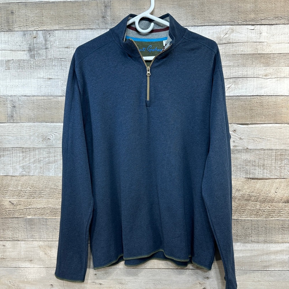 Robert Graham Mens Navy Blue 1/4 Zip Cotton Knit Sweater Olive Trim Large